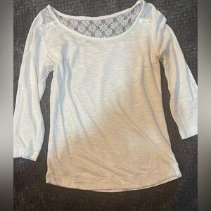 Express XS Top Stretch Soft Sand Lace Back 3/4 Sleeves Crew Blouse shirt